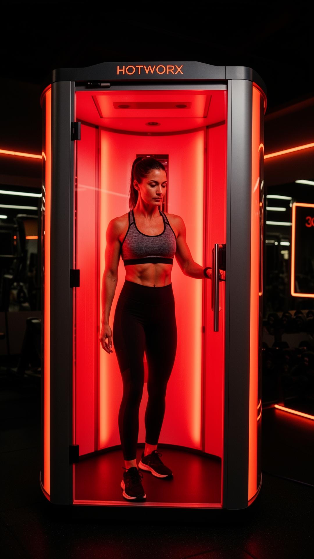 Member finishing an infrared sauna session inside a HOTWORX pod