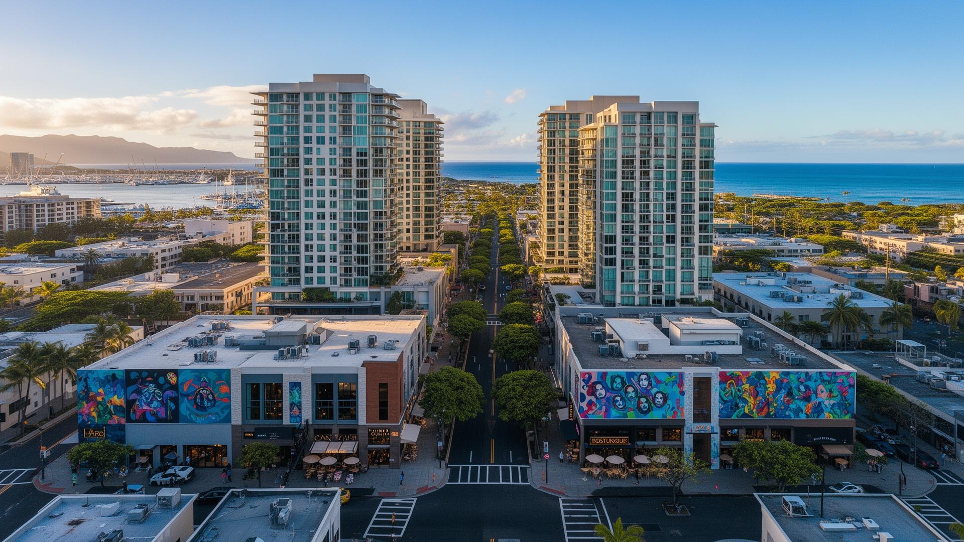 Aerial view of Ward Village Kakaʻako neighborhood with ocean in background